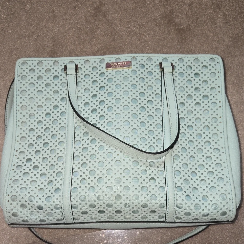 Kate Spade Aqua Blue Geometric Cutout Tote, EUC